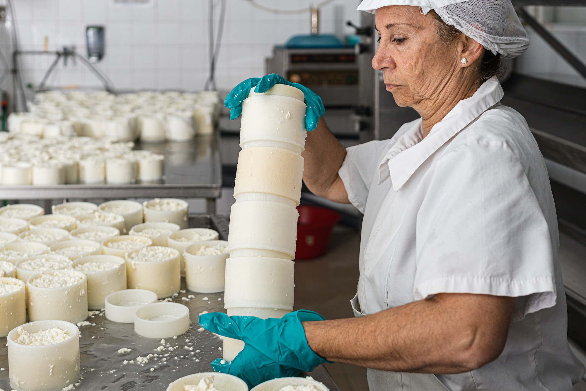 older worker stacking the moulds filled with curds