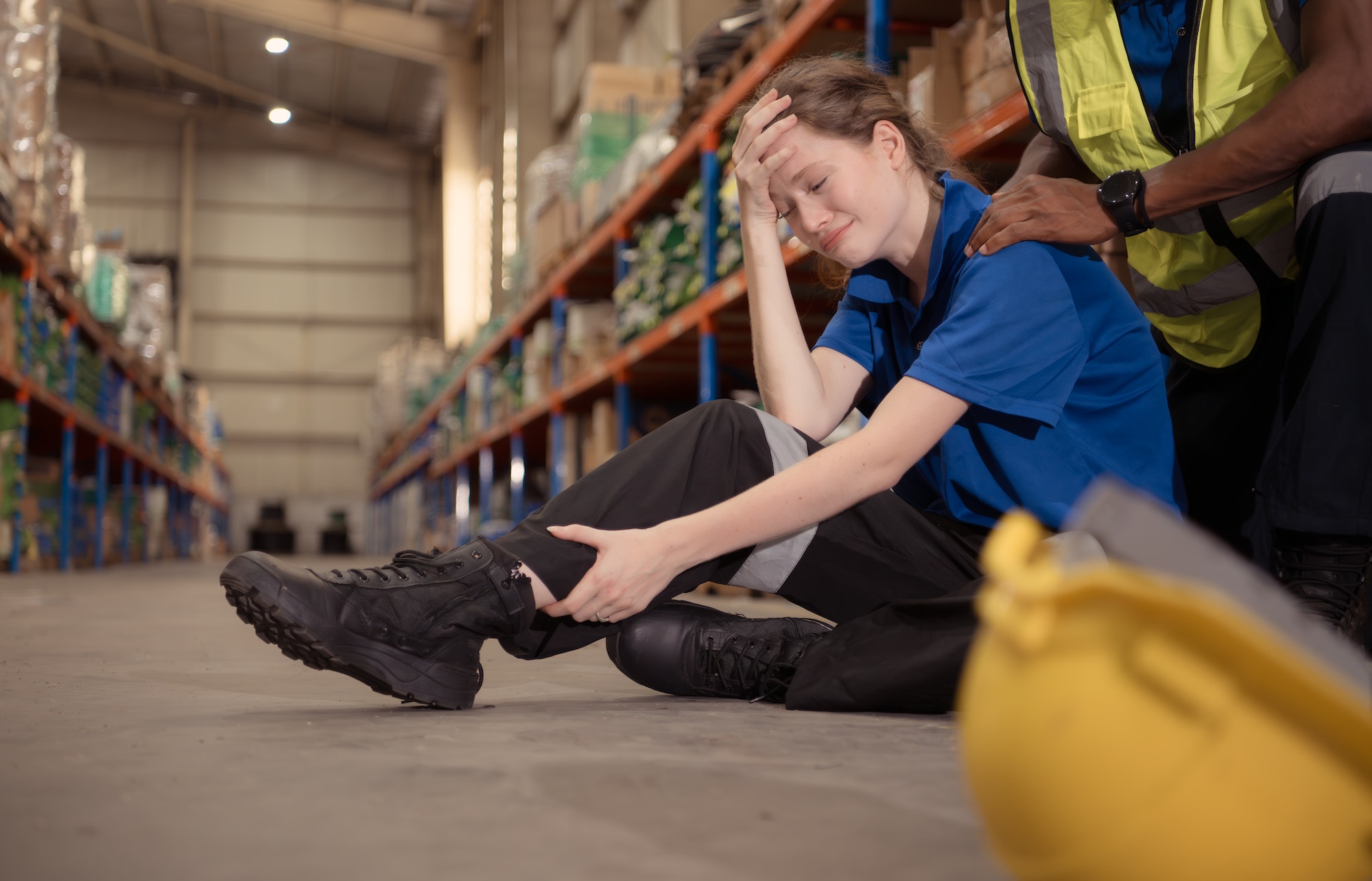 A warehouse worker consoles and helps a female worker who cries out in pain after a leg accident