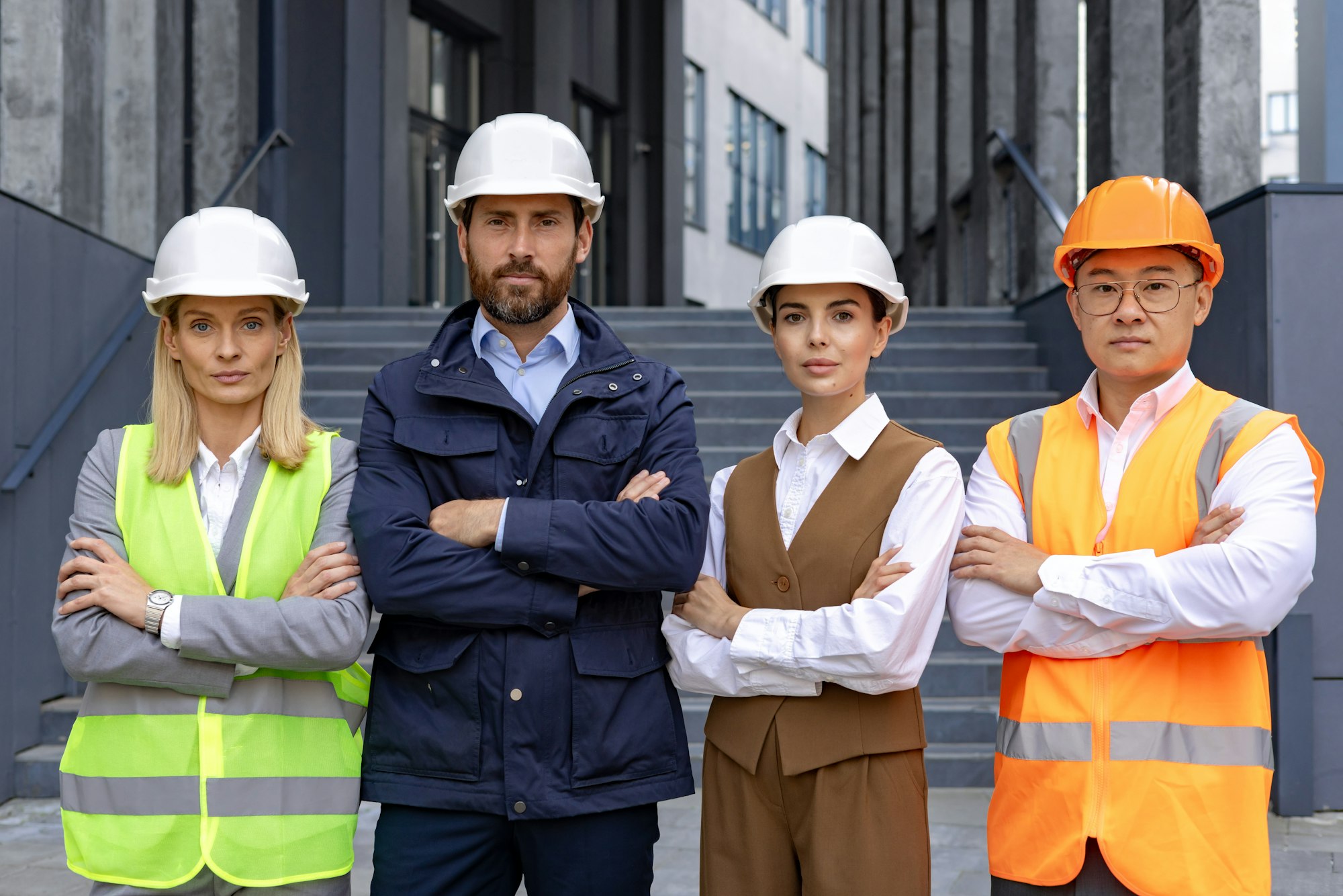 Portrait of an interracial group of men and women, a team of engineers and construction workers